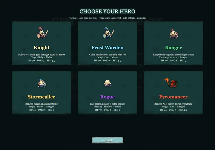 Gem TD hero selection screen