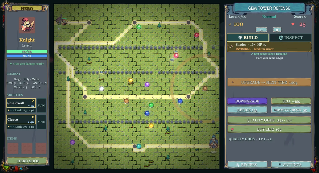 Gem TD maze of gem towers routing the creep wave the long way round